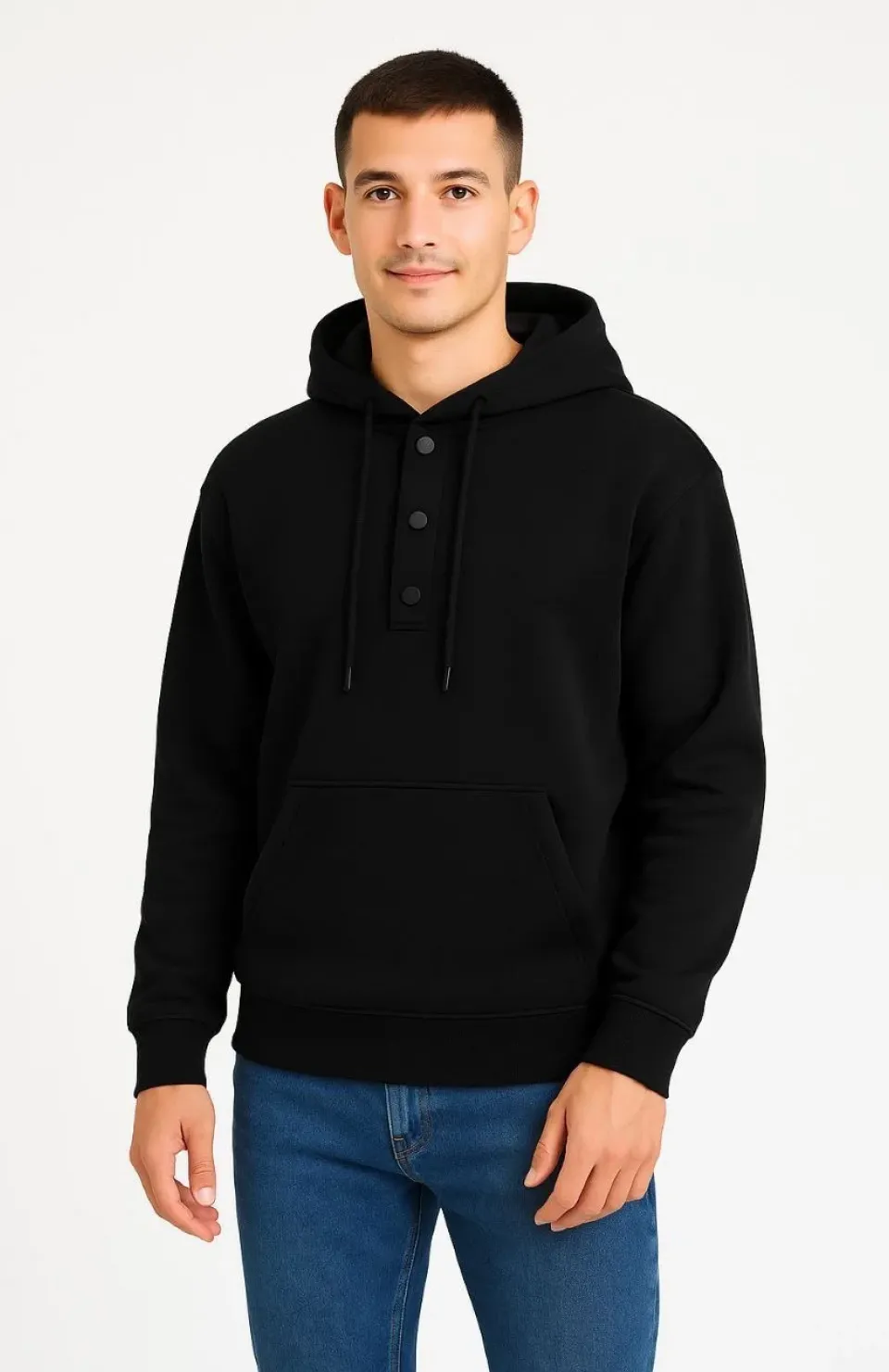 Erkek Ovarsize Kapüşonlu Swetshirt Kanguru Çepli Cıtcıtlı 3 iplik Şardonlu Hoodie - Siyah