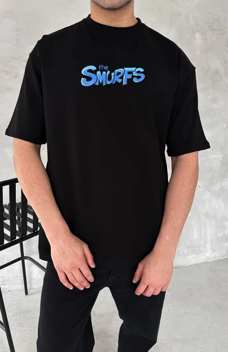 Ön ve Arka Baskılı Oversize Bisiklet Yaka T-shirt- Siyah