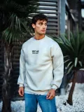 Oversize Bisiklet Yaka Üç İplik Baskılı SweatShirt - Beyaz