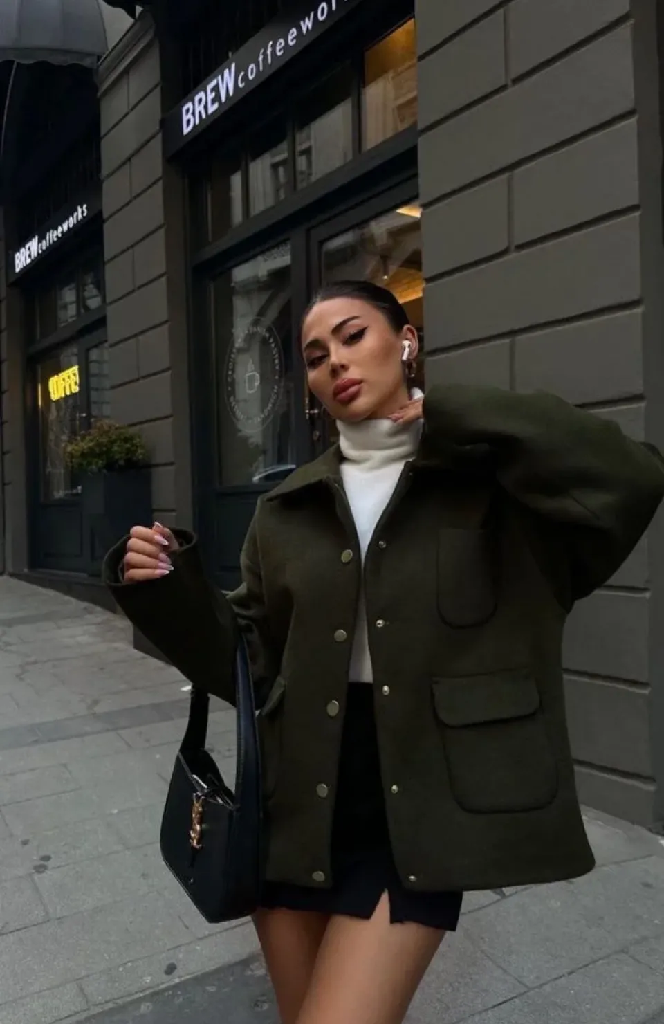 Kaşe Kaşmir kumaş cep ve çıt çıt düğme detay Bleazer pinterest ceket mont - Haki