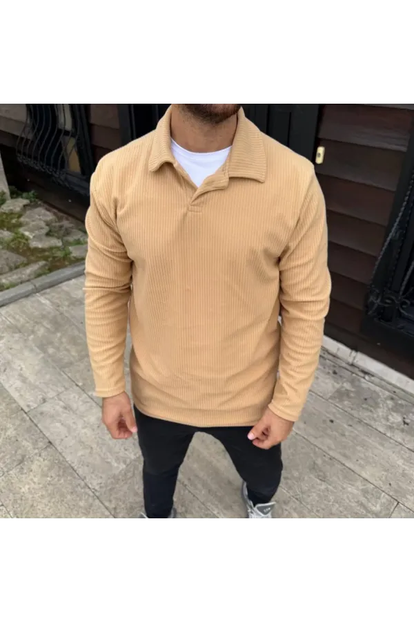 Erkek Fitilli Polar Sweatshirt – Düğmesiz Polo Yaka, Oversize Rahat Kalıp, Kalın Polar Kumaş, Kışlık ve Baharlık Şık Günlük Üst - Bej