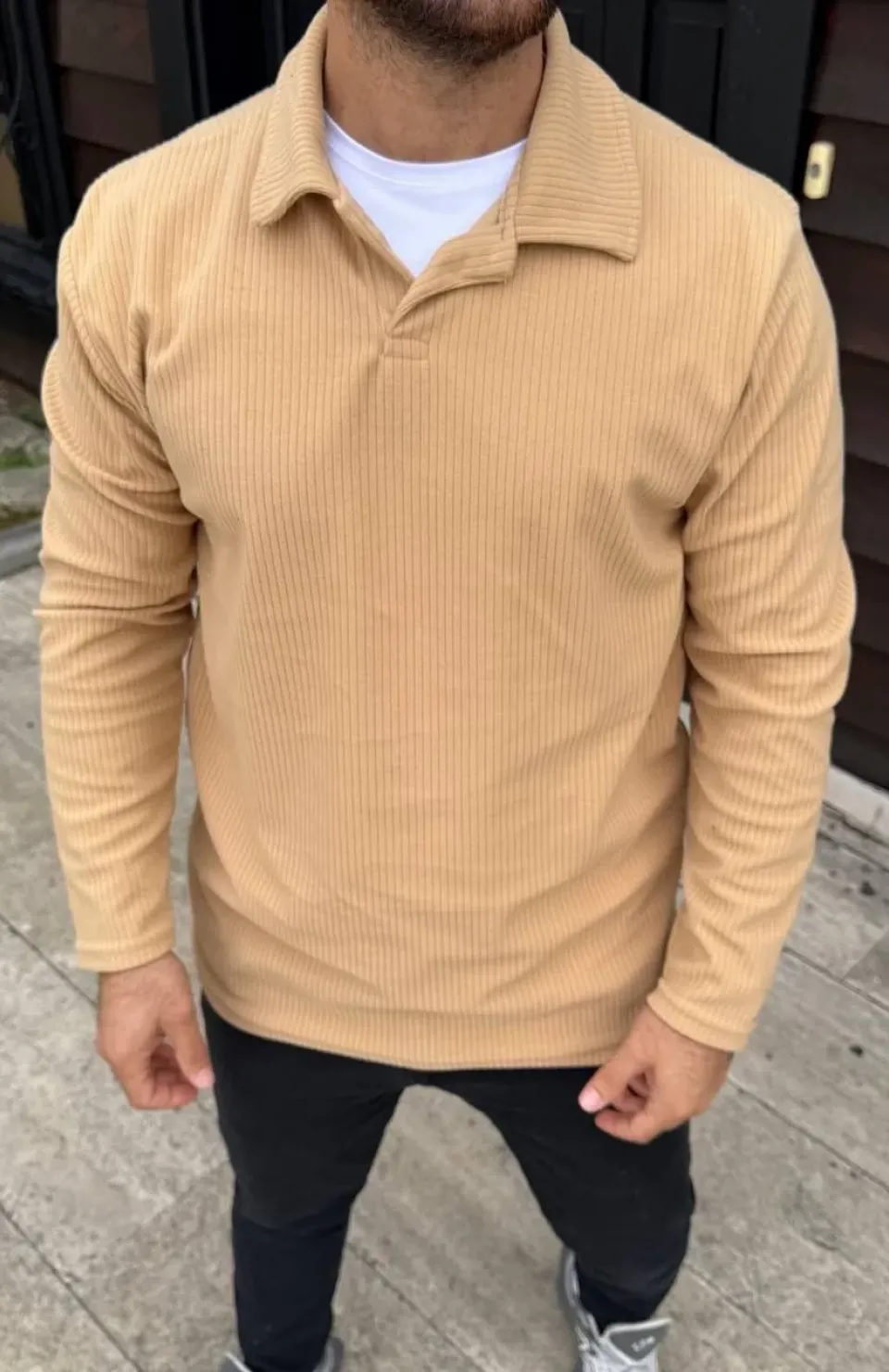 Erkek Fitilli Polar Sweatshirt – Düğmesiz Polo Yaka, Oversize Rahat Kalıp, Kalın Polar Kumaş, Kışlık ve Baharlık Şık Günlük Üst - Bej Somersan Giyim | Kadın, Erkek ve Çocuk Moda