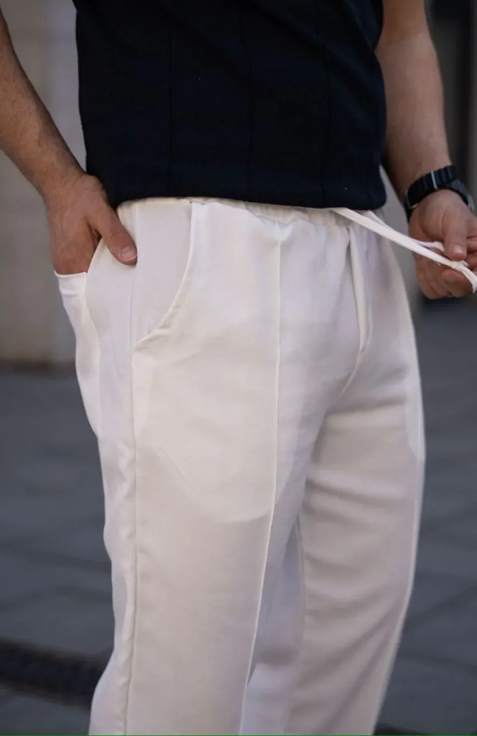 Erkek Keten Cepli Çıma Dikişli jogger Buggy Pantalon Rahat kalıp - Beyaz