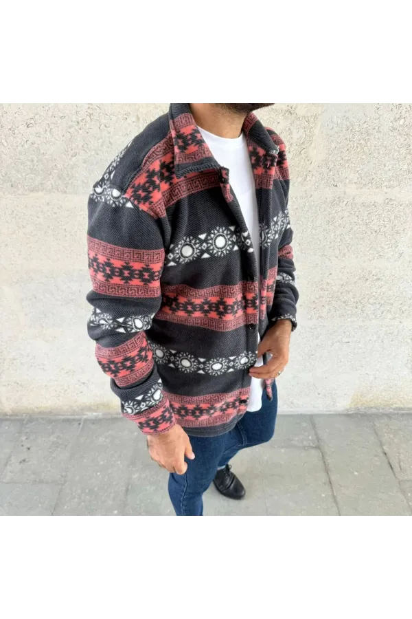 Erkek Desenli Polar Gömlek – Etnik Şerit Desen Yakalı, Uzun Kollu, Düğmeli, Oversize Rahat Kalıp - Füme