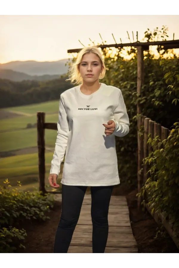 Unisex Bisiklet Yaka Uzun Kollu T-Shirt - Beyaz