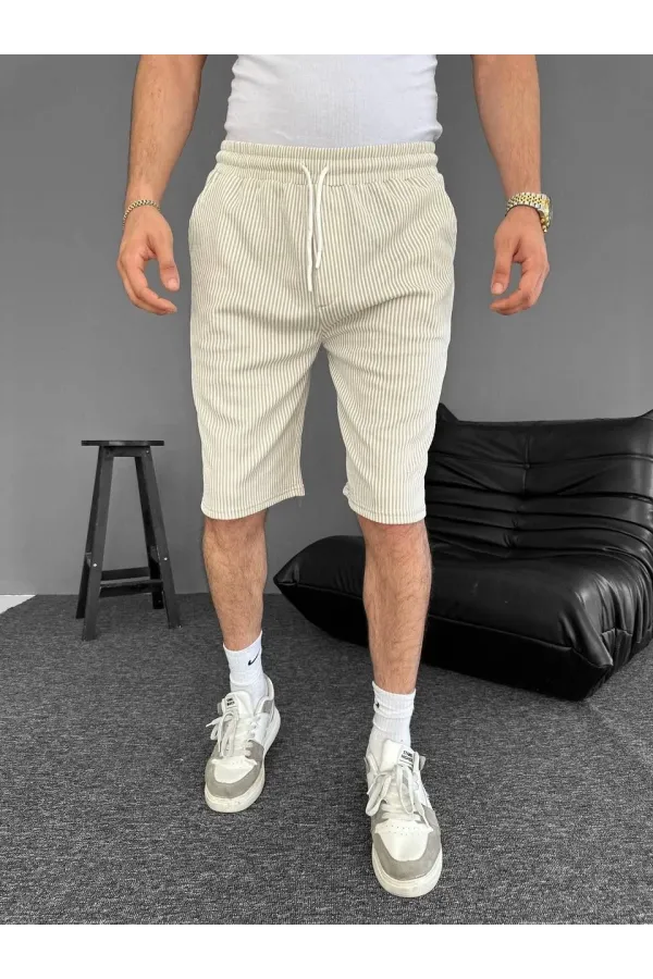 Su Yolu Çizgili Ön Arka Cepli Şort Yazlık Nefes Alabilir - Bej