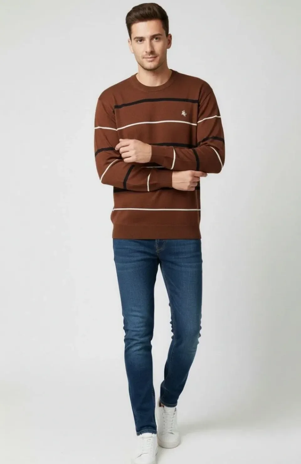 Erkek Bisiklet Yaka Cizgili Triko Kazak yumuşak dokulu Pamuklu ince Dokuma, uzun kollu Rahat Regular kalıp - Kahverengi Somersan Giyim | Kadın, Erkek ve Çocuk Moda