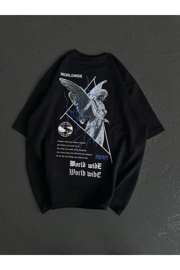 Unisex Bisiklet Yaka Baskılı Oversize T-Shirt - Siyah