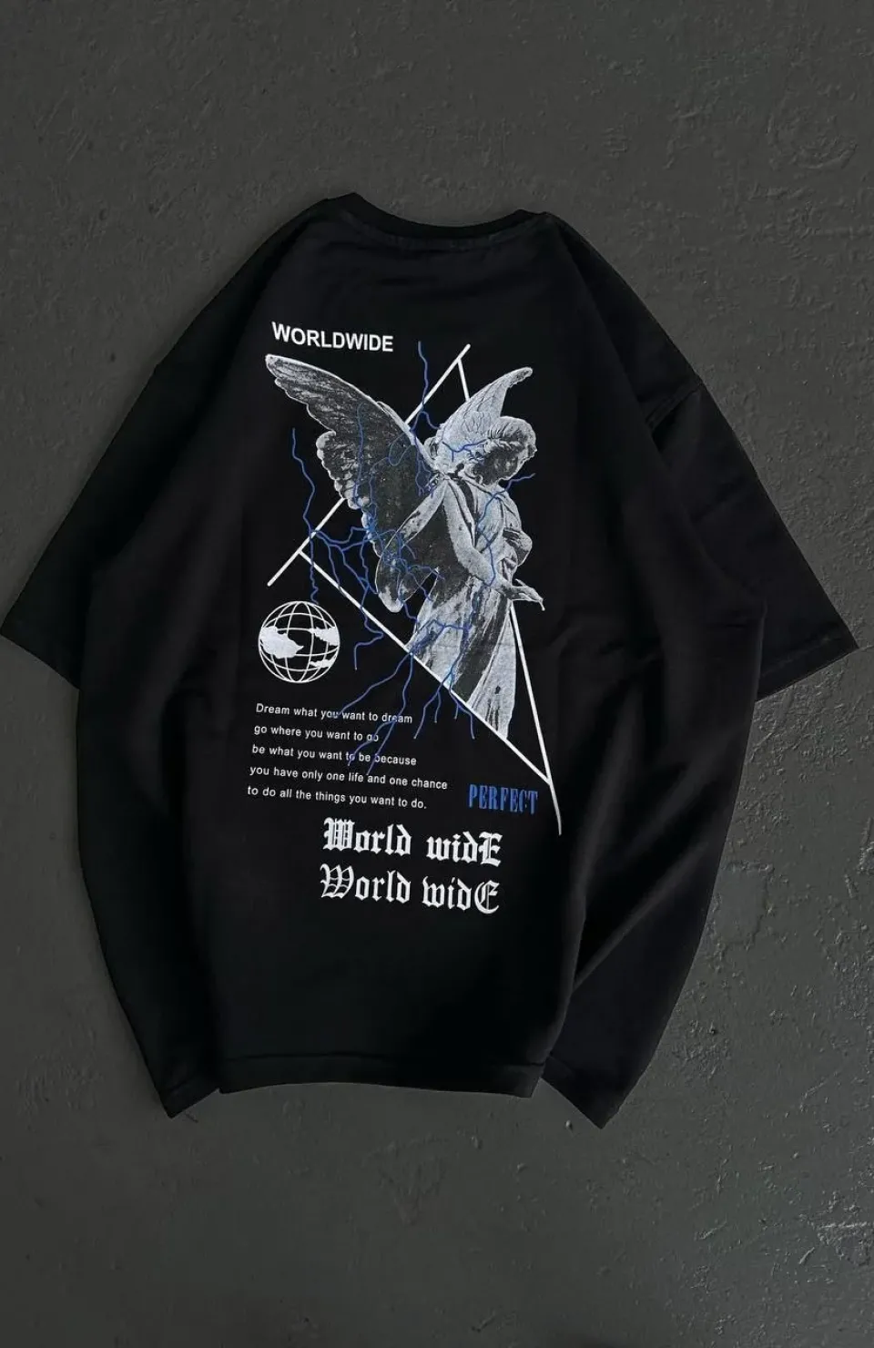 Unisex Bisiklet Yaka Baskılı Oversize T-Shirt - Siyah