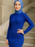 Kadın Boğazlı Uzun Fitilli Tesettüre Uygun Triko Dokuma Elbise - Saks Mavisi