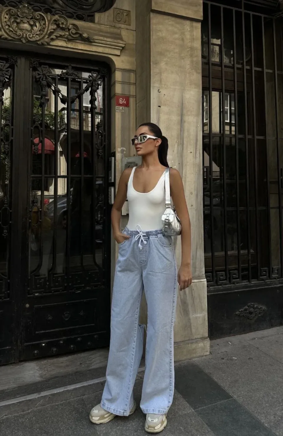 Kadın Arkadan Yırtmaçlı Jeans Kot Palazzo Pantolon - Mavi