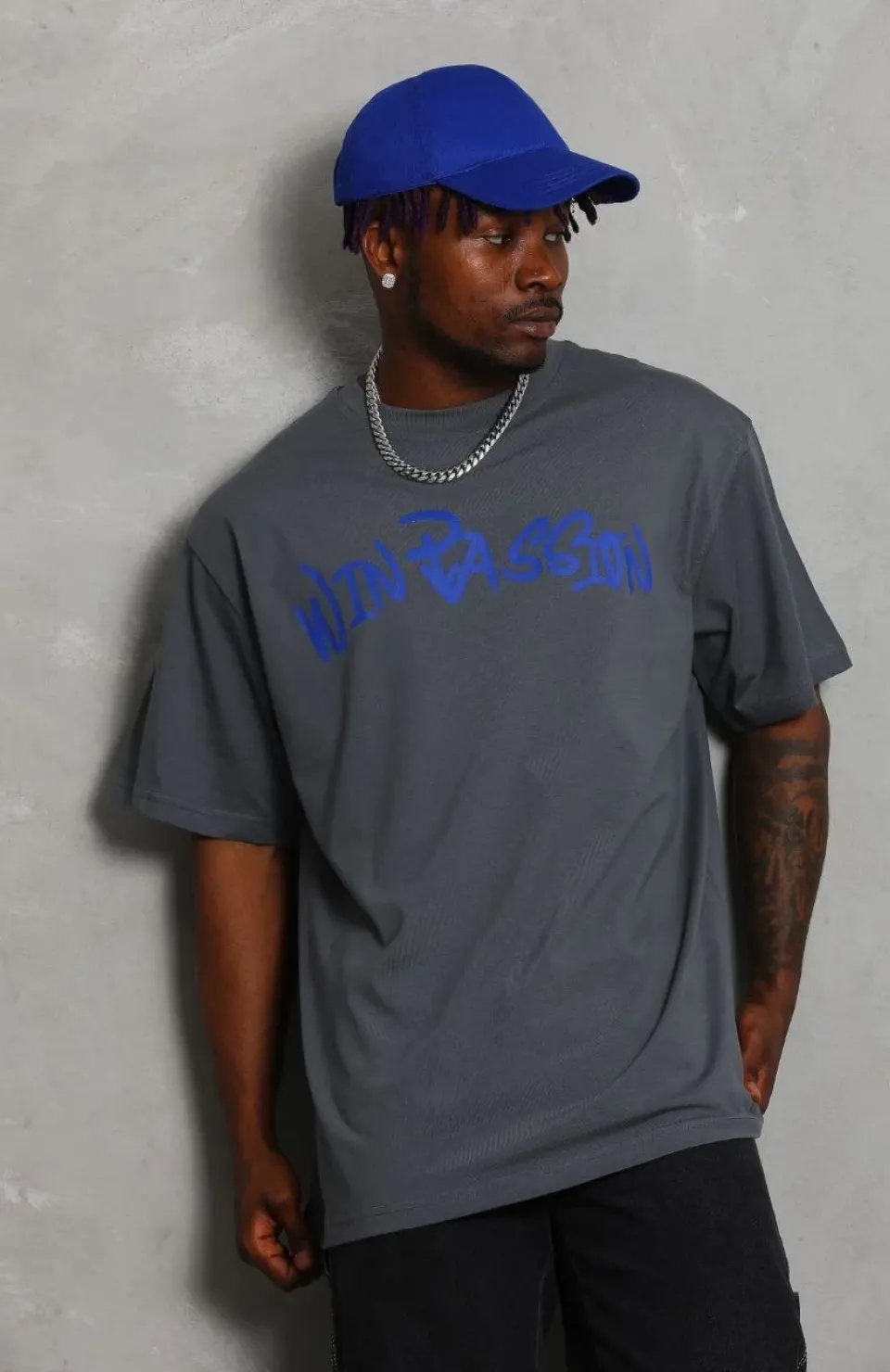 Unisex Oversize Baskılı Bisiklet Yaka T-Shirt - Füme