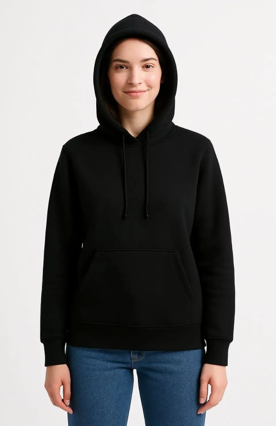 Kadın Üç İplik Kapüşonlu Kanguru Cepli Sweatshirt hoodie - Siyah