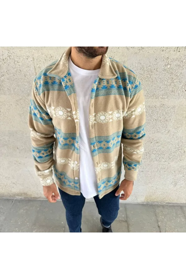 Erkek Desenli Polar Gömlek – Etnik Şerit Desen Yakalı, Uzun Kollu, Düğmeli, Oversize Rahat Kalıp - Sarı