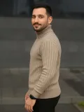 Erkek Balıkcı Yaka Bağazlı Triko Kazak Pamuklu Kalın Fitilli Dokuma, Regular Fit Uzun Kollu Kışlık Model - Bej