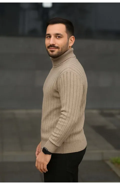 Erkek Balıkcı Yaka Bağazlı Triko Kazak Pamuklu Kalın Fitilli Dokuma, Regular Fit Uzun Kollu Kışlık Model - Bej