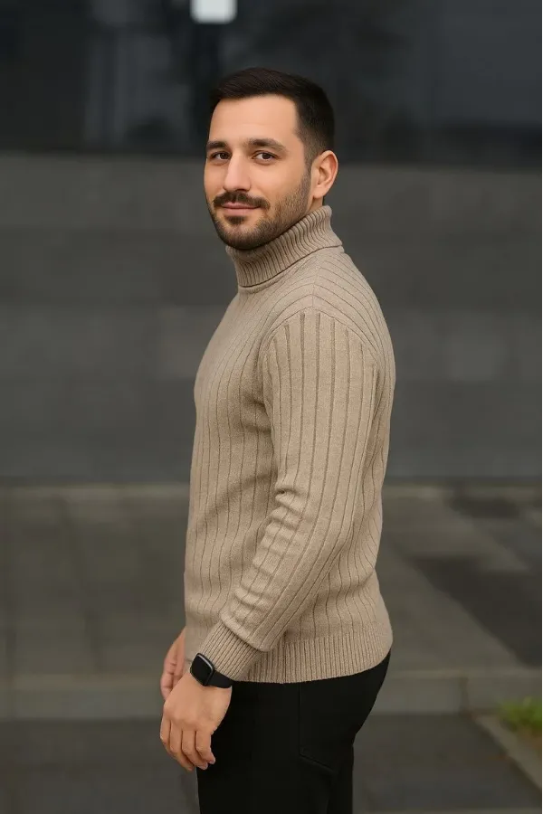 Erkek Balıkcı Yaka Bağazlı Triko Kazak Pamuklu Kalın Fitilli Dokuma, Regular Fit Uzun Kollu Kışlık Model - Bej