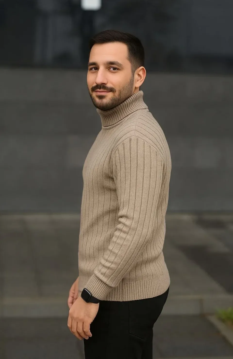 Erkek Balıkcı Yaka Bağazlı Triko Kazak Pamuklu Kalın Fitilli Dokuma, Regular Fit Uzun Kollu Kışlık Model - Bej