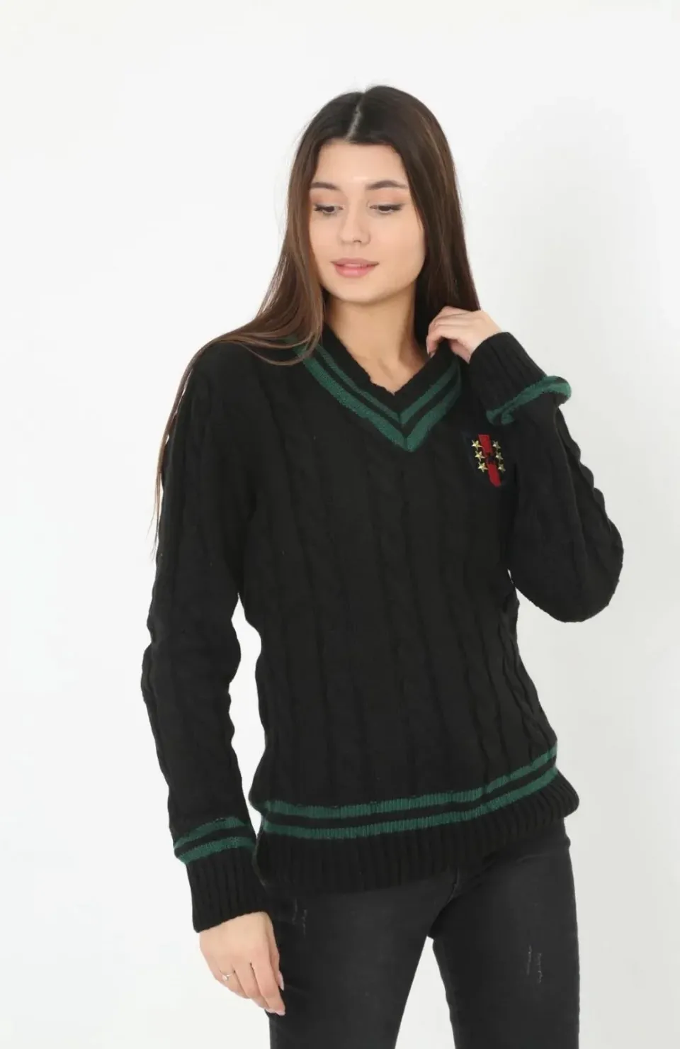 Kadın V Yaka Örgülü Kazak - Siyah