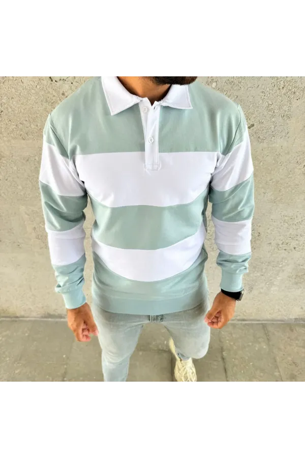 Erkek Polo Yaka Uzun Kollu Çizgili Sweatshirt Trend Rugby Stil - Çağla Yeşili
