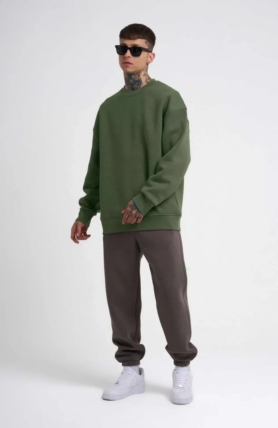 Unisex Biskilet Yaka Üç İplik SweatShirt - Haki