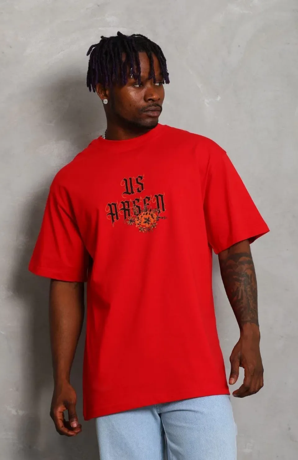 Unisex Oversize Baskılı Bisiklet Yaka T-Shirt - Kırmızı