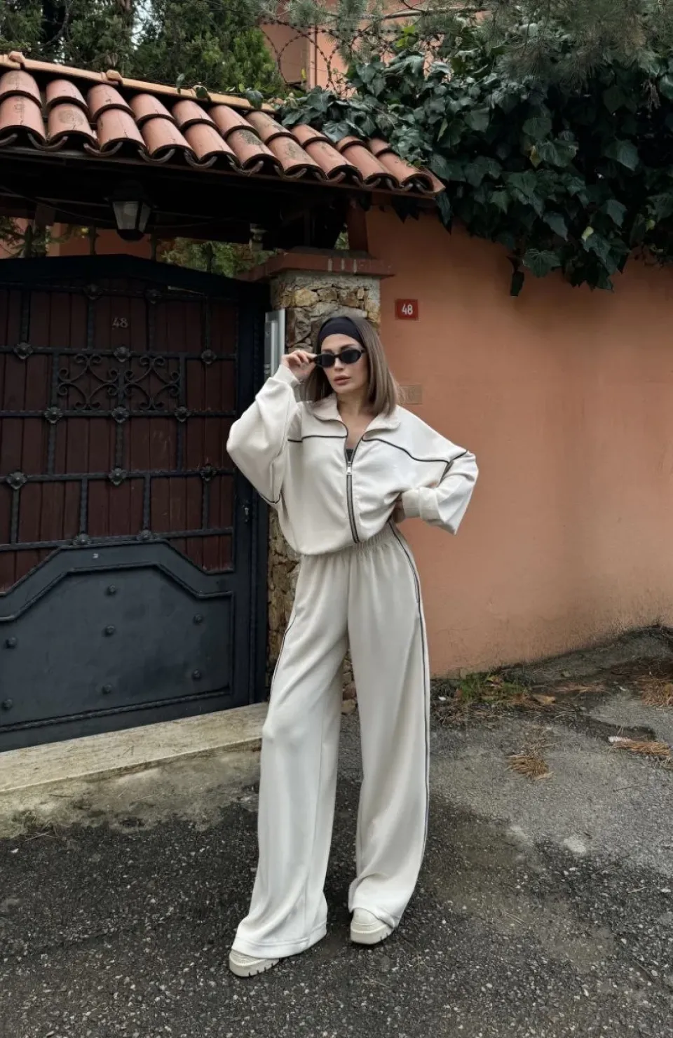 Fermuarlı Eşofman Pantolon İkili Takım - Beyaz