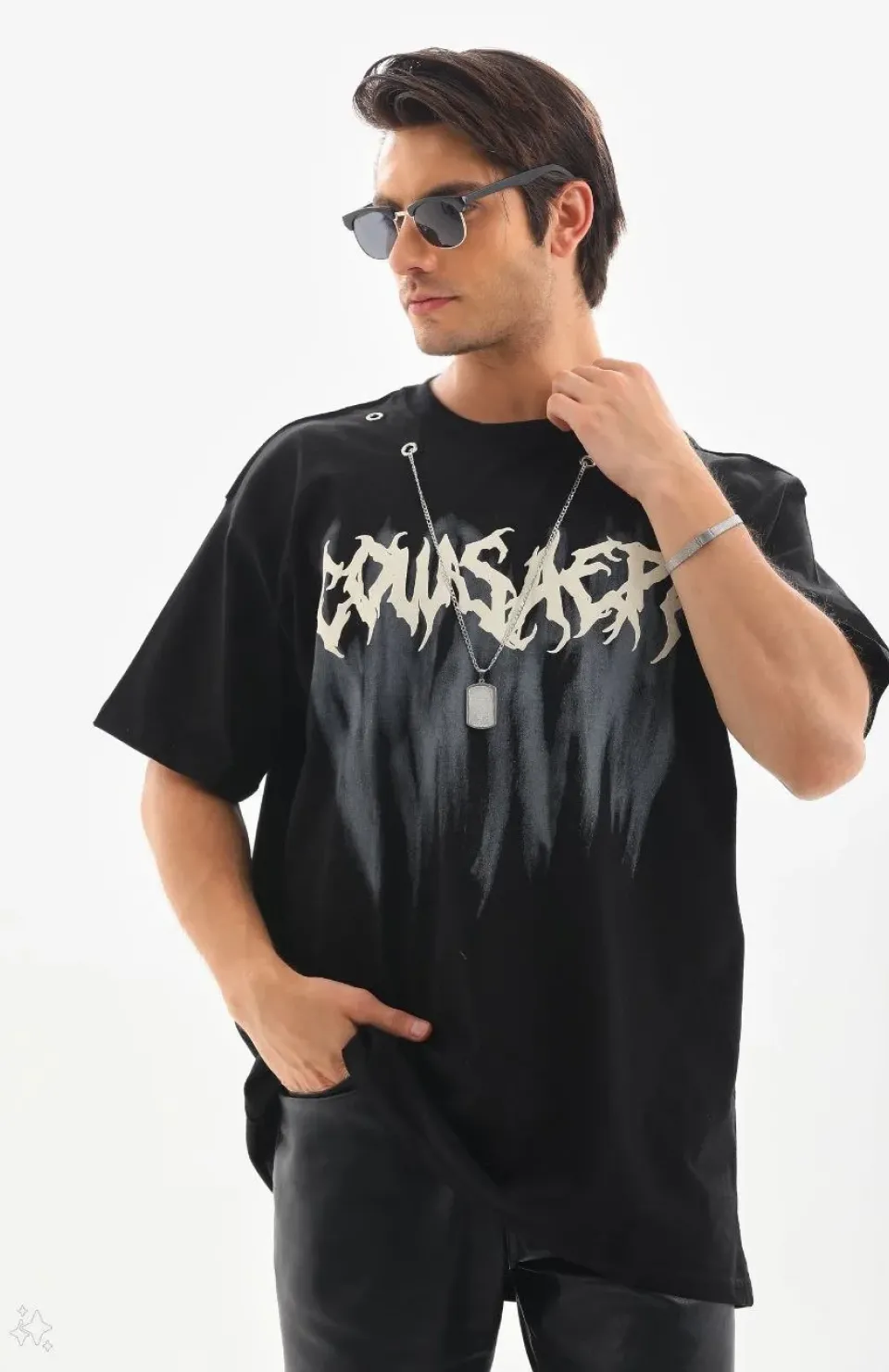 Unisex Oversize Kolye Dahil T-Shirt - Siyah