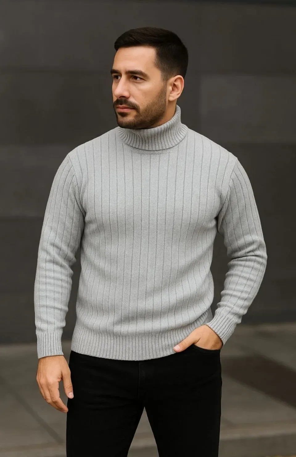 Erkek Balıkcı Yaka Bağazlı Triko Kazak Pamuklu Kalın Fitilli Dokuma, Regular Fit Uzun Kollu Kışlık Model - Gri