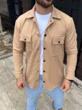 Erkek Diagonal Kumaş Cepli Çıtçıtlı uzun Kollu, Gömlek Oversize Rahat Kalıp Günlük Şık Stil - Bej