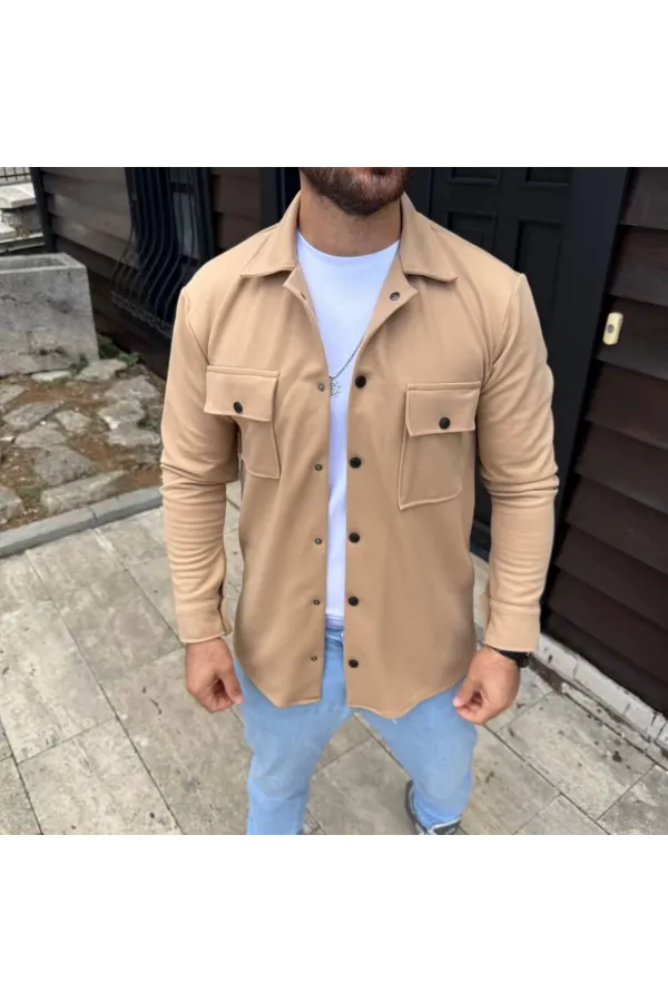 Erkek Diagonal Kumaş Cepli Çıtçıtlı uzun Kollu, Gömlek Oversize Rahat Kalıp Günlük Şık Stil - Bej