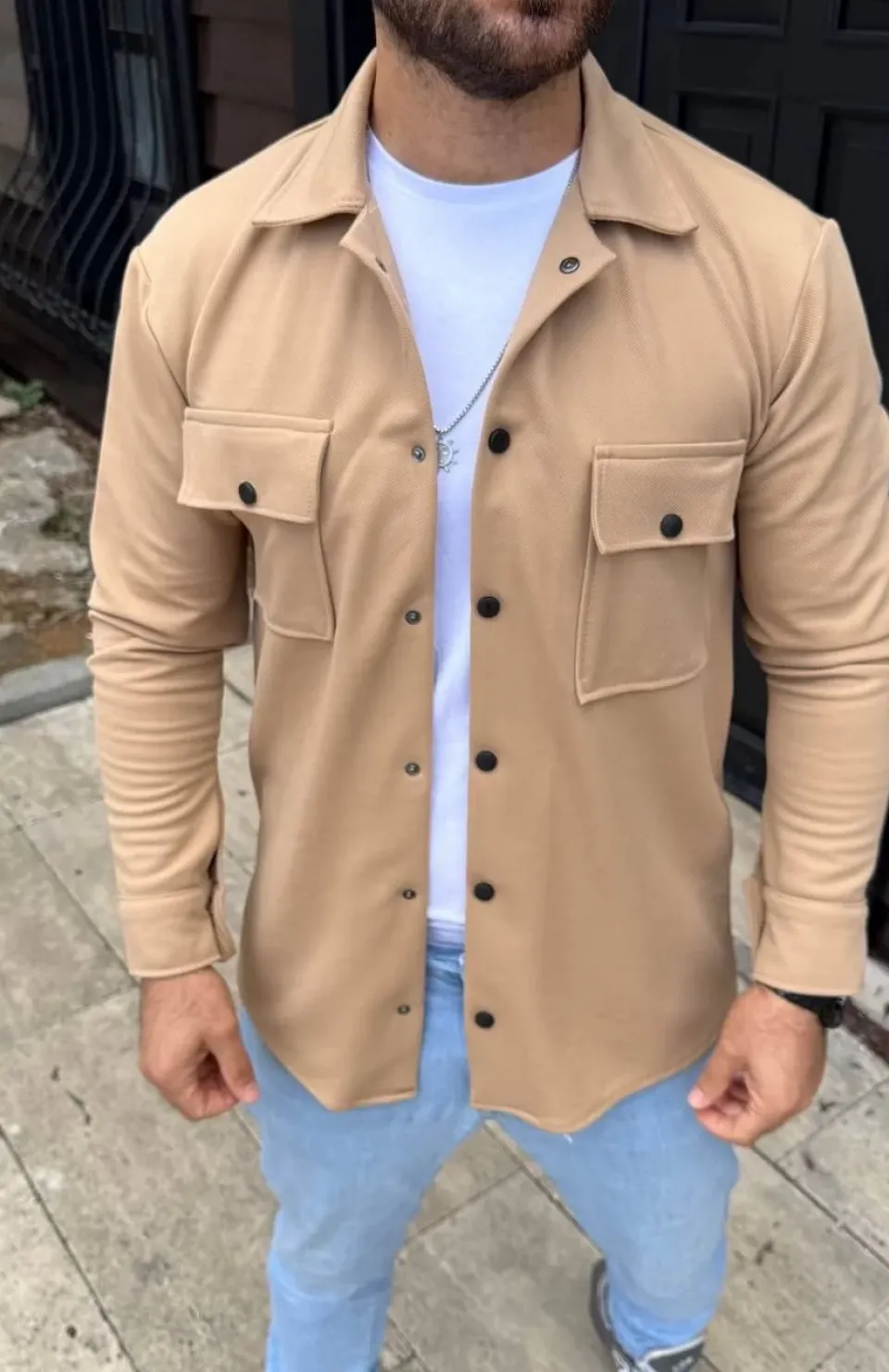 Erkek Diagonal Kumaş Cepli Çıtçıtlı uzun Kollu, Gömlek Oversize Rahat Kalıp Günlük Şık Stil - Bej