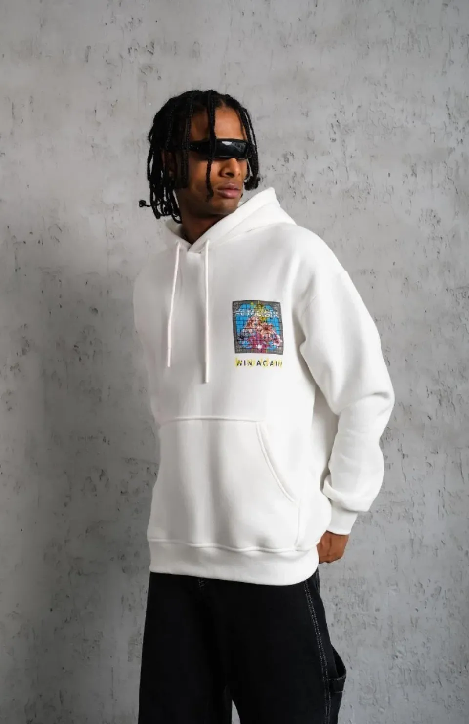 Erkek Patel Six Baskılı Kapüşonlu Sweat - Beyaz