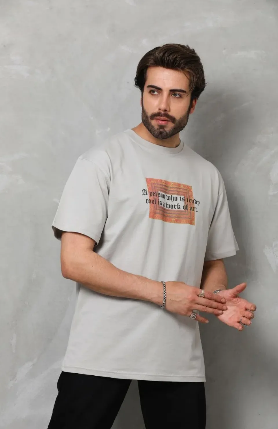 Unisex Bisiklet Yaka Baskılı Oversize T-Shirt - Gri