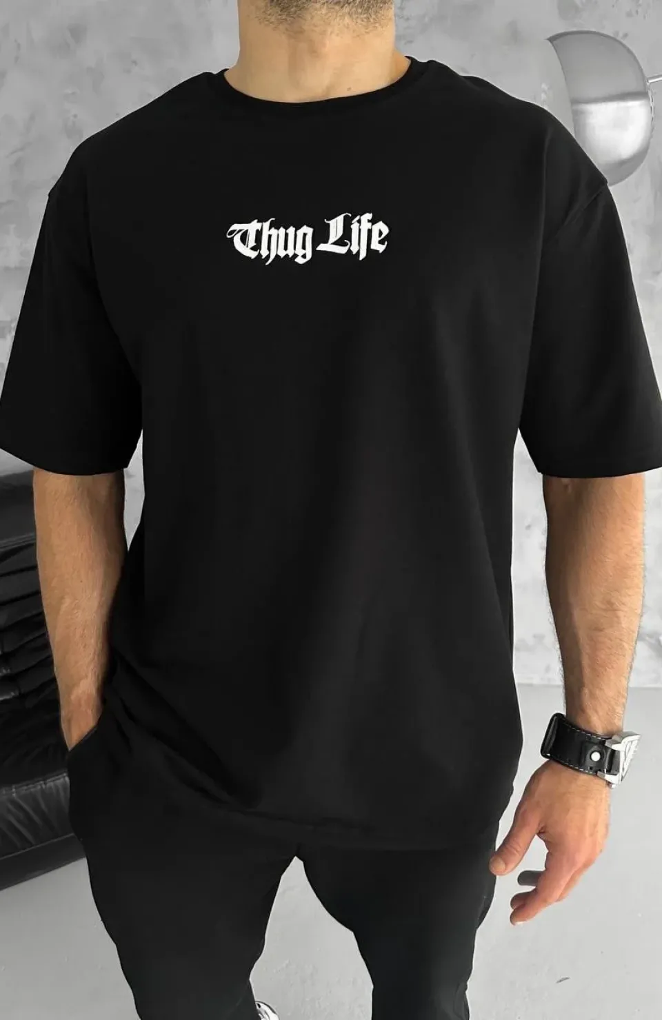 Unisex Bisiklet Yaka Baskılı Oversize T-Shirt - Siyah