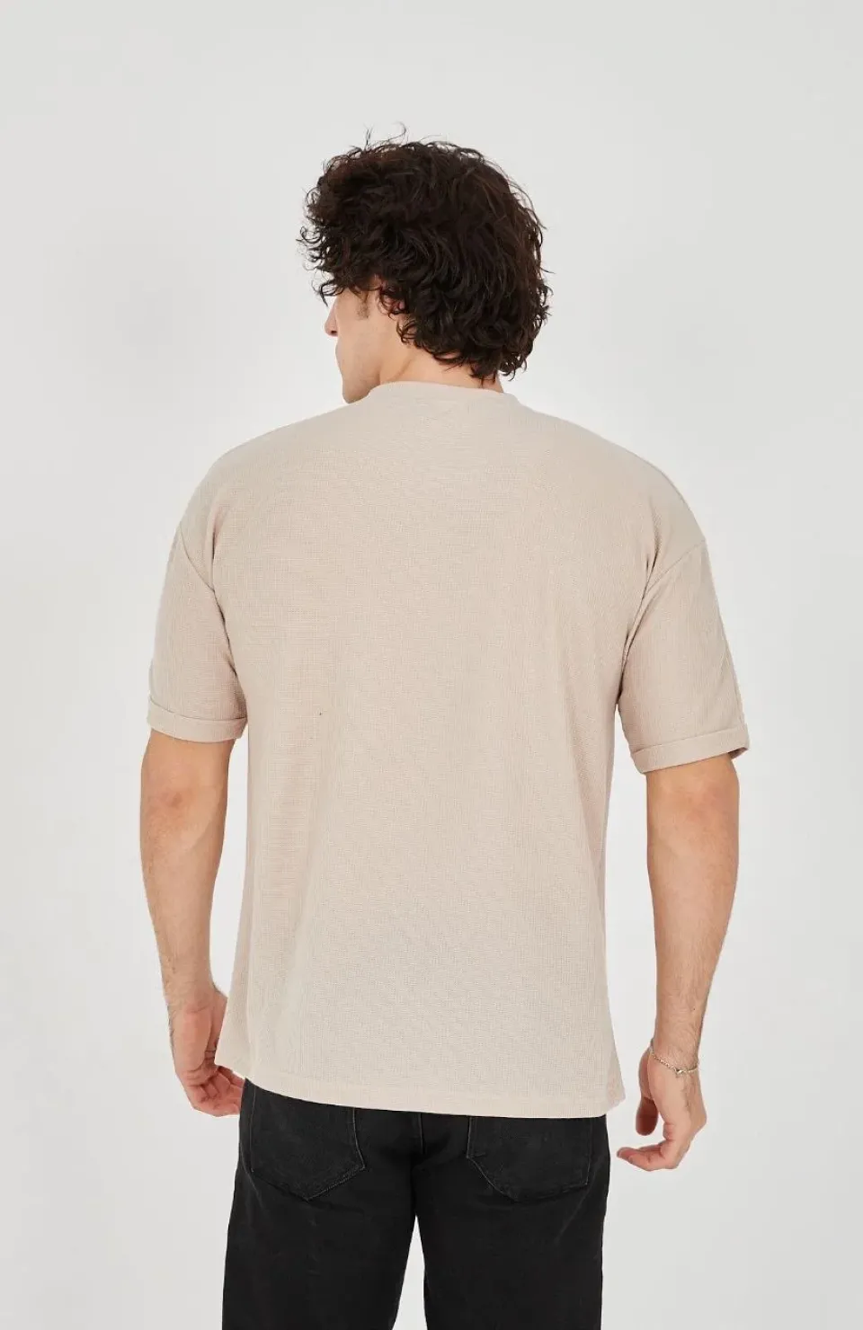 Unisex Waffle Kumaş Rahat Kol T-Shirt - Bej
