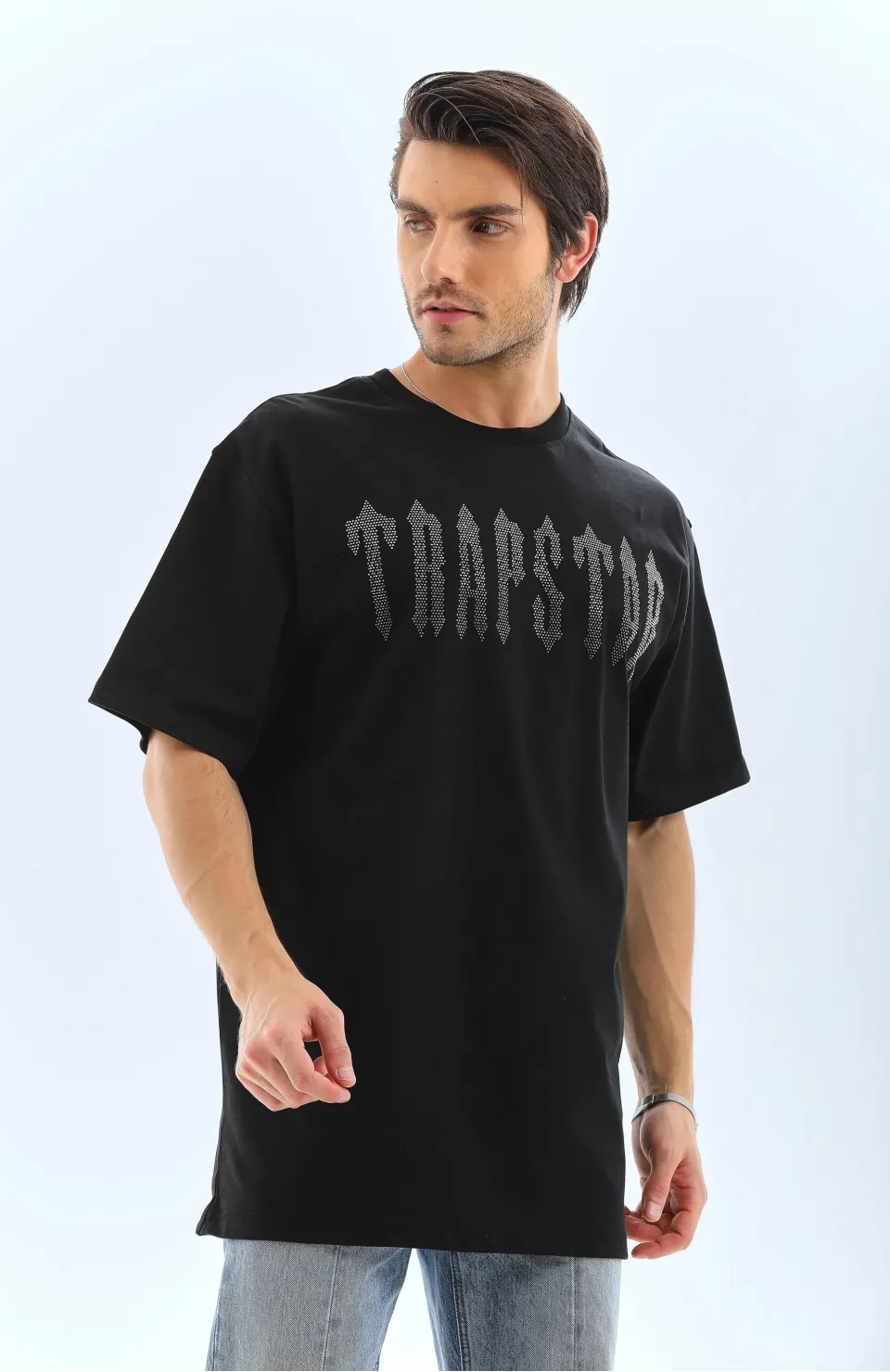 Unisex Oversize Taşlı Bisiklet Yaka T-Shirt - Siyah