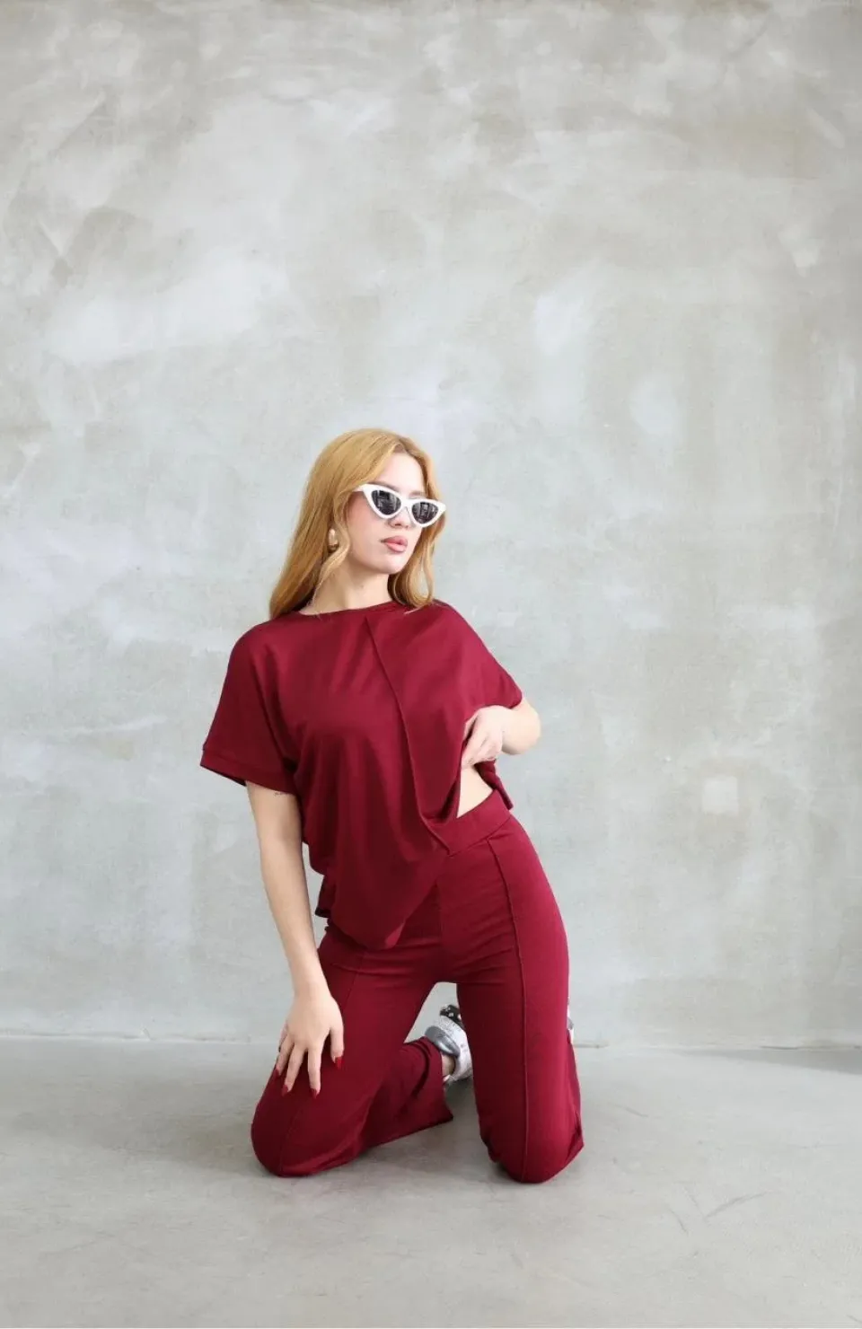 Osy Modal Yumuşak dokulu Kumaş Bisiklet Yaka Kısa Kollu Takım - Bordo