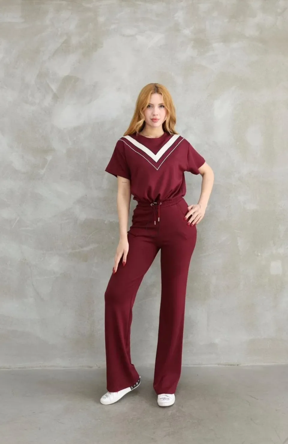 Osy Modal Yumuşak dokulu Kumaş Bisiklet Yaka Parçalı detaylı Kısa Kollu Takım - Bordo