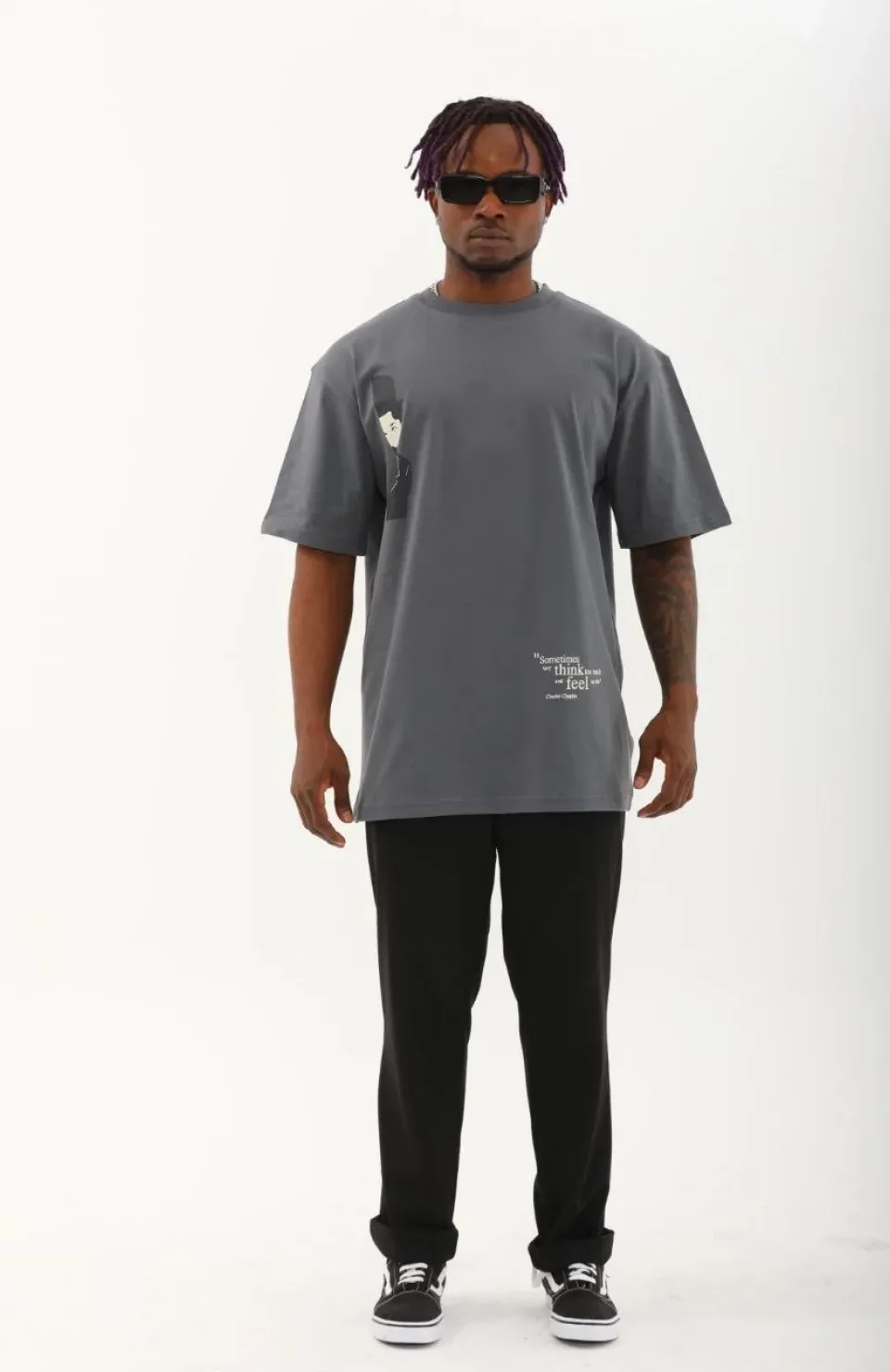 Unisex Oversize Baskılı Bisiklet Yaka T-Shirt - Füme