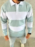 Erkek Polo Yaka Uzun Kollu Çizgili Sweatshirt Trend Rugby Stil - Çağla Yeşili