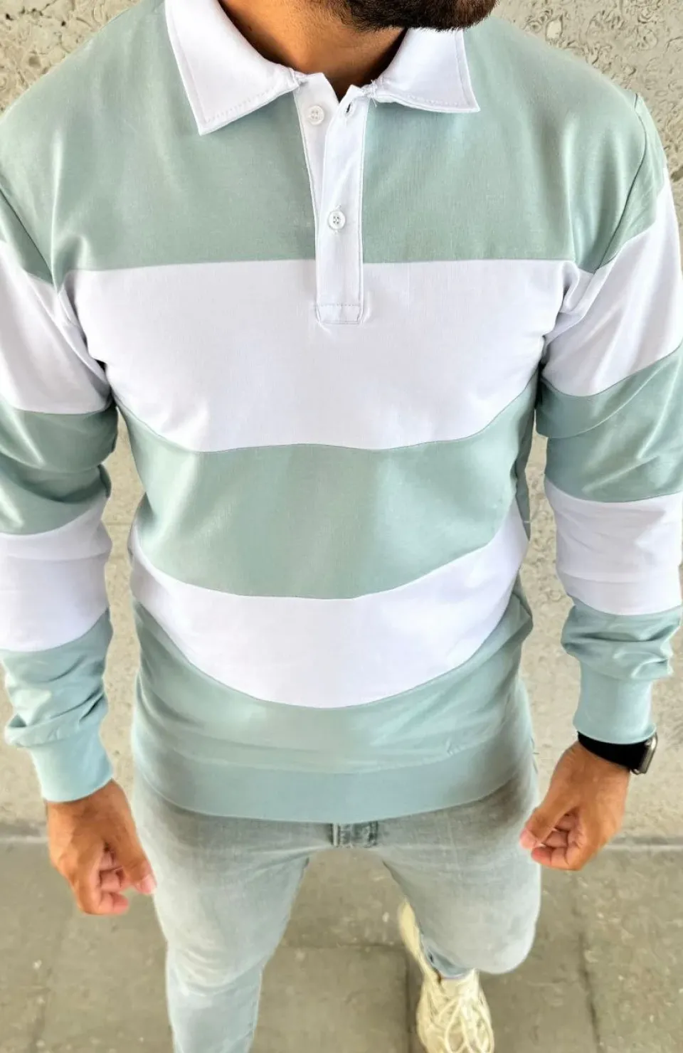 Erkek Polo Yaka Uzun Kollu Çizgili Sweatshirt Trend Rugby Stil - Çağla Yeşili