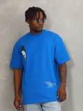 Unisex Oversize Baskılı Bisiklet Yaka T-Shirt - Mavi
