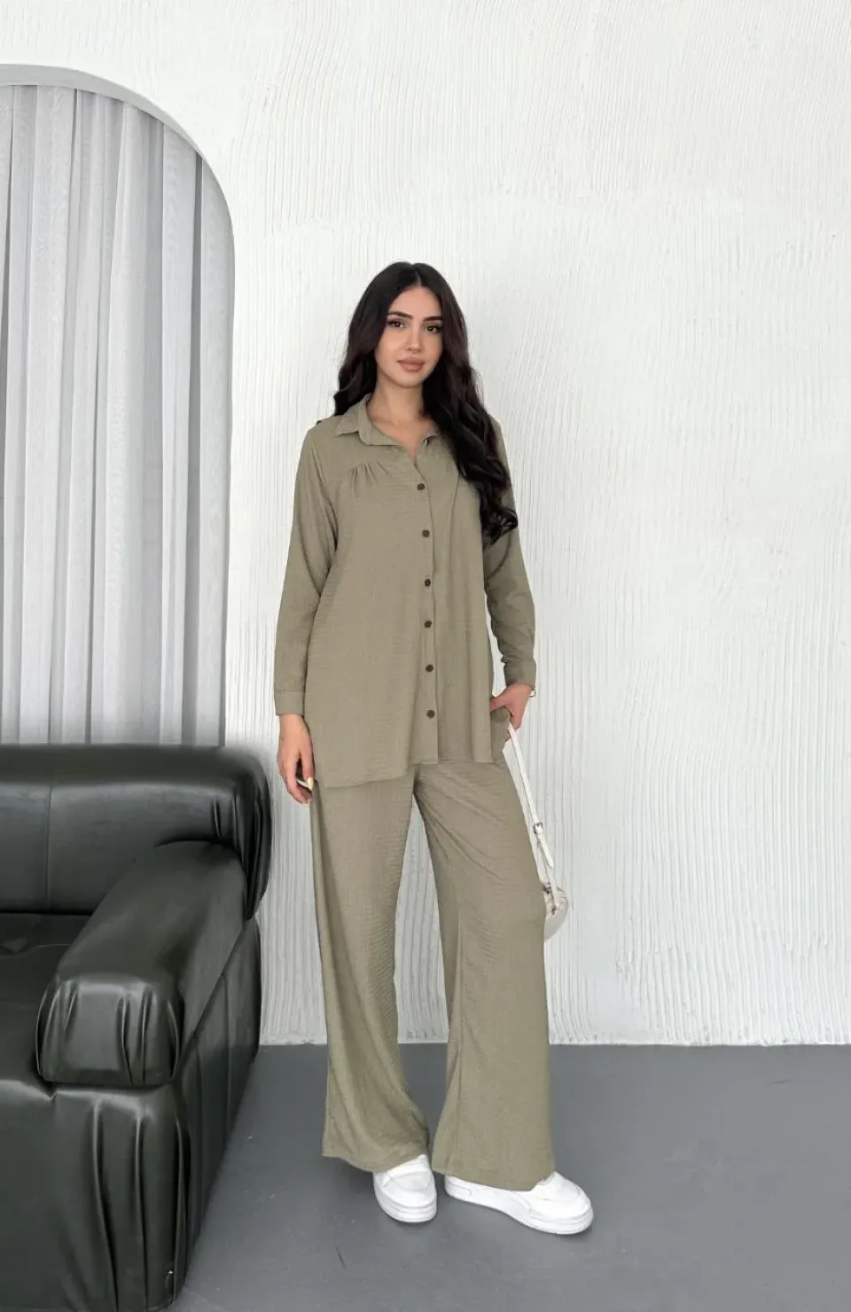 Yakalı Düğmeli Uzun Kollu Gömlek Pantolon ikili Takım - Bej