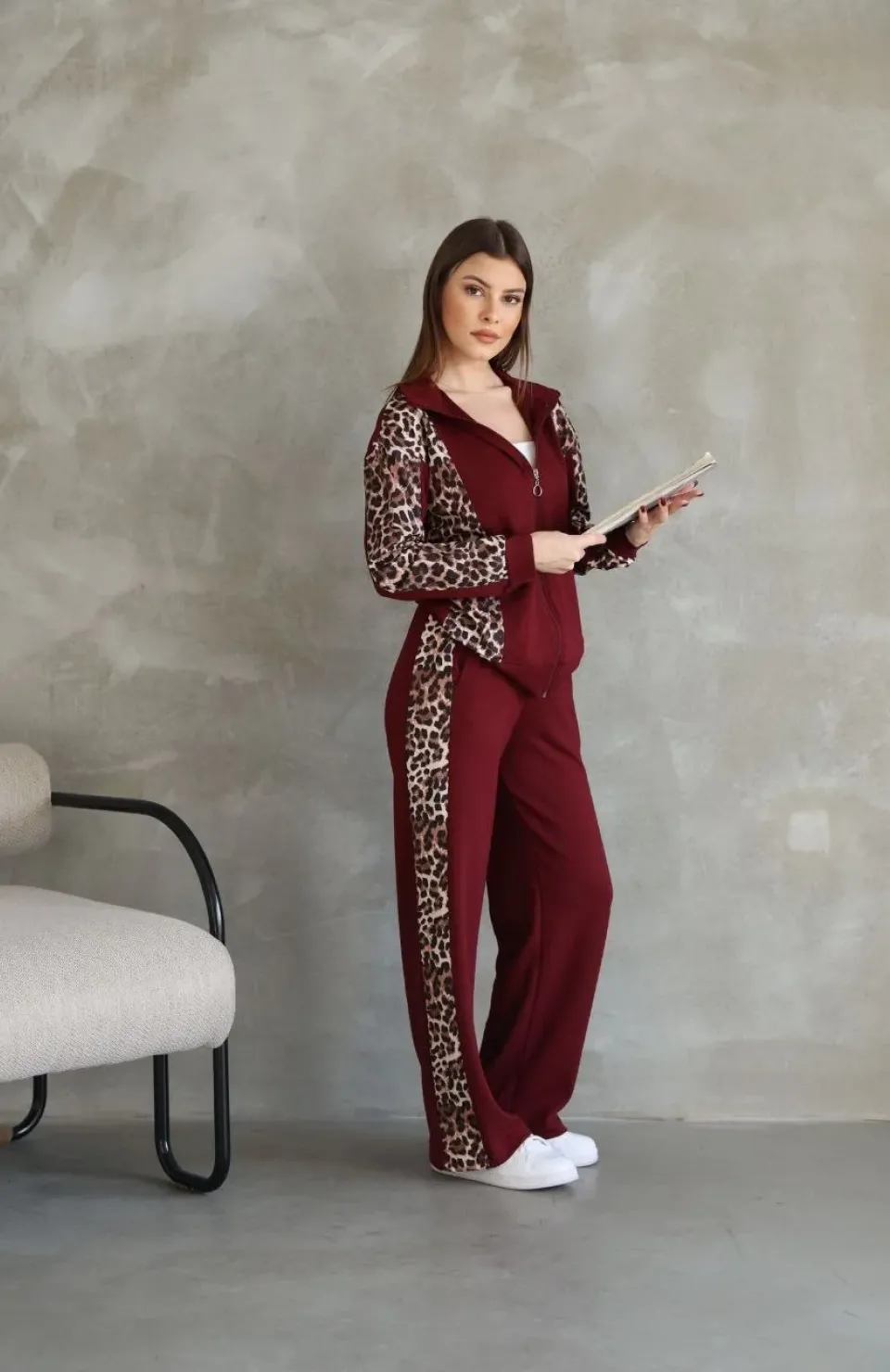 Osy Modal Yumuşak Dokulu Kumaş Kapüşonlu Leopar Desenli Fermuarlı Takım - Bordo