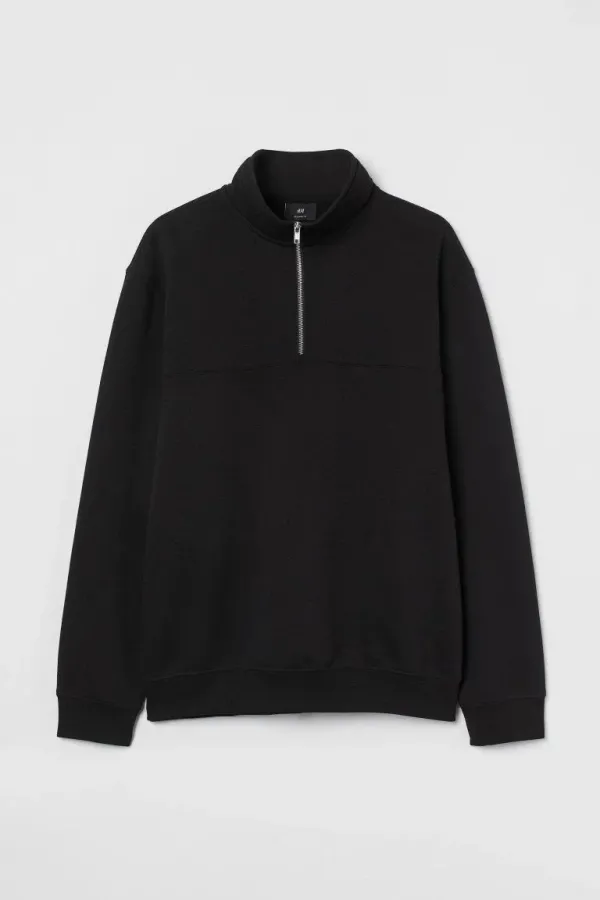 Oversize Yarım Farmuarlı Yakalı Basic SweatShirt - Siyah