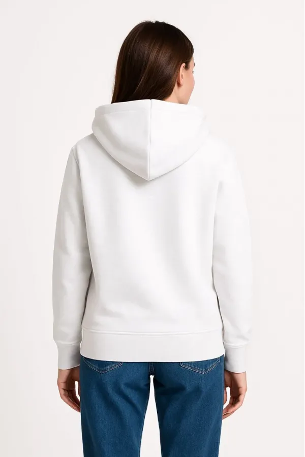 Kadın Üç İplik Kapüşonlu Kanguru Çepli SweatShirt hoodie - Beyaz
