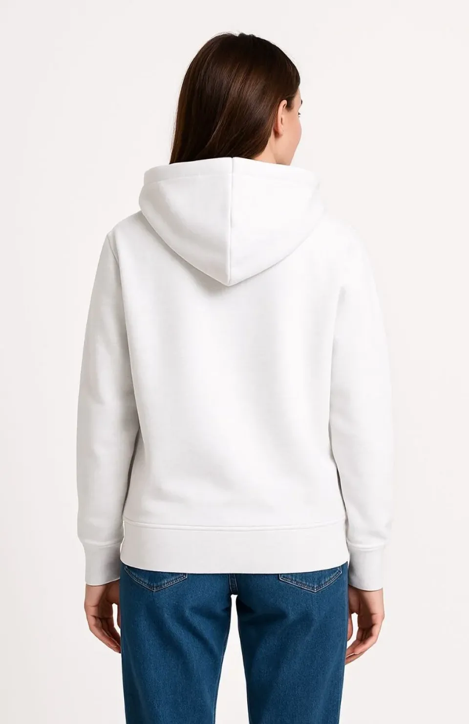 Kadın Üç İplik Kapüşonlu Kanguru Çepli SweatShirt hoodie - Beyaz