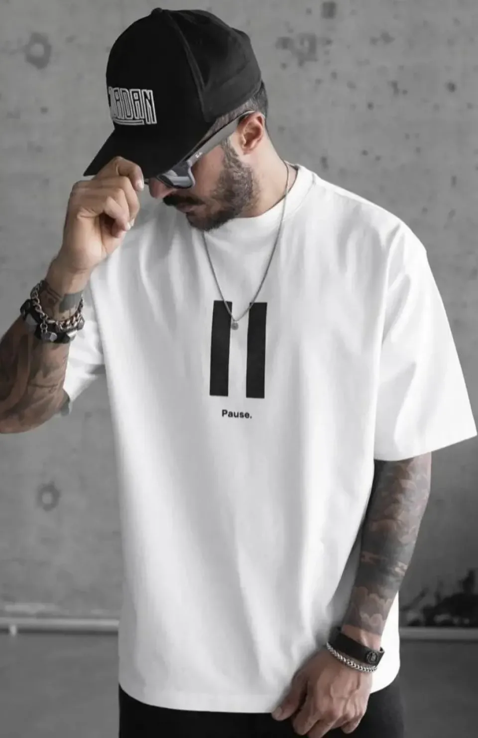 Unisex Bisiklet Yaka Baskılı Oversize T-Shirt - Beyaz