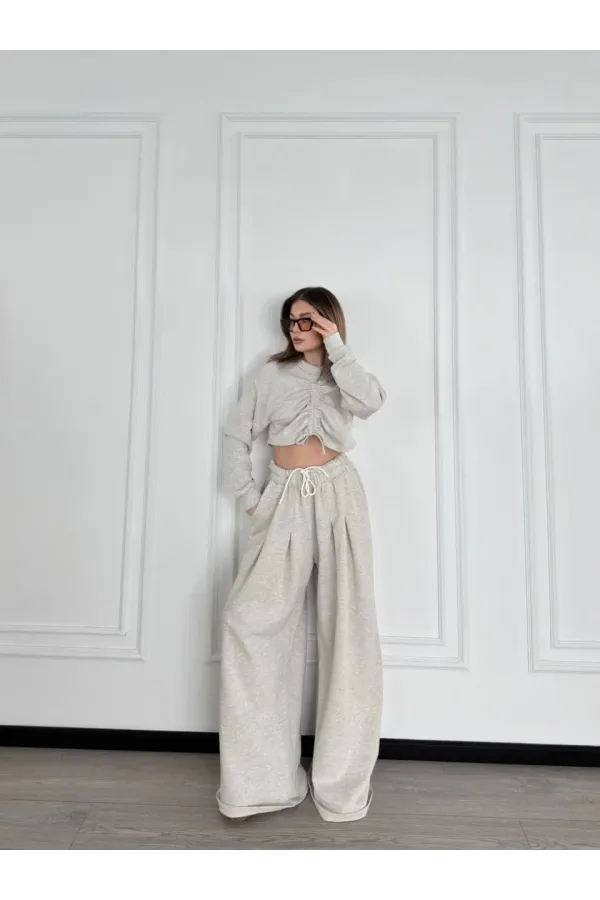 Uzun Kollu Önü İp Büzgülü Crop ve Pantolon İkili Takım - Gri